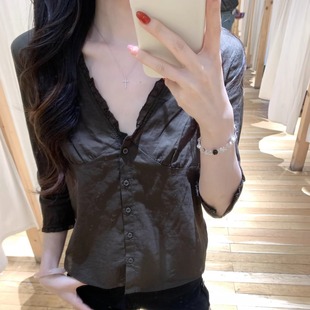 木耳边拼接收腰气质上衣短 女七分袖 BM法式 棕色V领纽扣衬衫