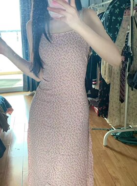 Brandy bm甜美粉色碎花少女收腰雪纺吊带连衣裙系带长裙小个子夏