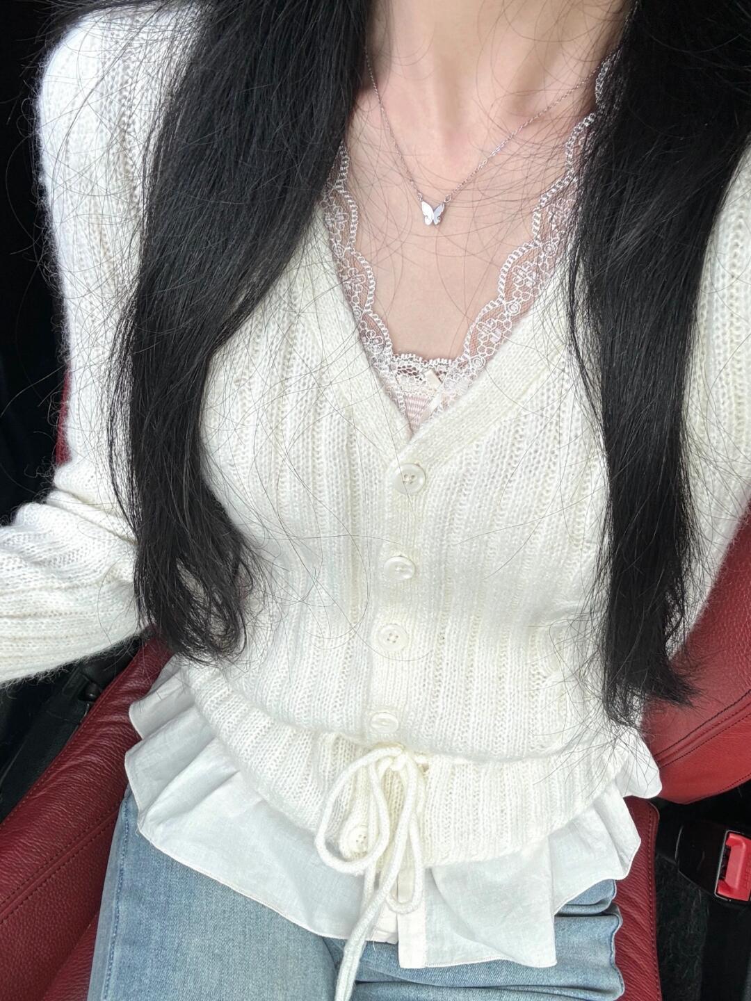 现货Brandy bm新绝美蕾丝边系带针织开衫米色v领外套女设计感外套