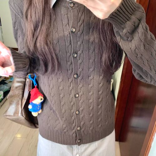Brandy bm棕色麻花纹针织开衫女灰色纽扣毛衣外套学院风上衣
