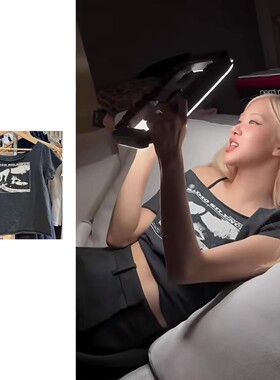 brandy朴彩英rose同款一字领纯棉乐队印花短袖女bm美式复古上衣