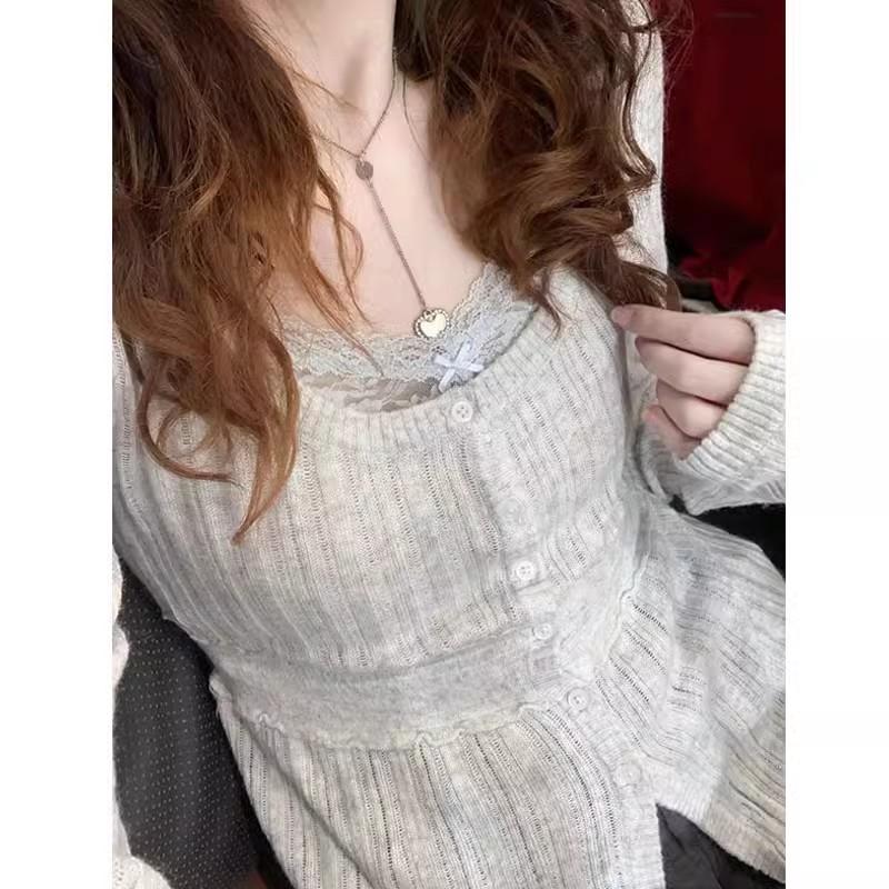 BM官网浅灰圆领纽扣长袖针织开衫女辣妹内搭上衣修身打底衫