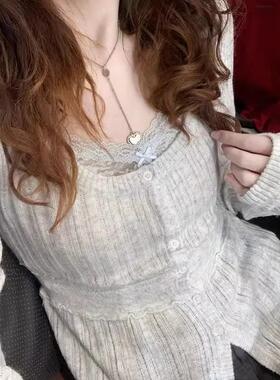 BM官网浅灰圆领纽扣长袖针织开衫女辣妹内搭上衣修身打底衫