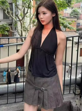 brandy bm新款美式复古挂脖V领吊带背心女bm夏季性感无袖上衣