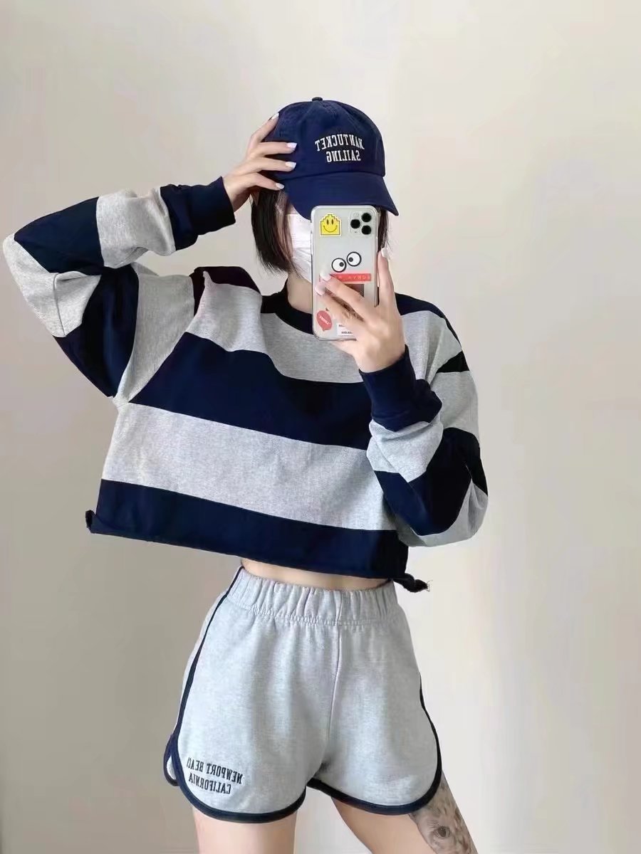 条纹卫衣女bm学院风短款卷边宽松