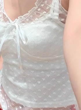 Brandy girl bm白色爱心木耳边蝴蝶结网纱蕾丝小吊带上衣女内搭