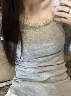 Brandy girl bm灰色纯棉大圆领蕾丝边长袖T恤女秋冬甜美内搭上衣