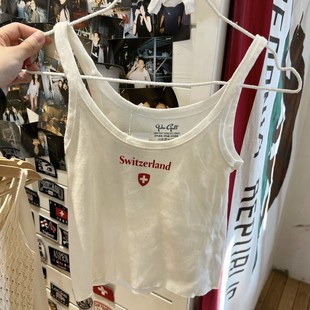 brandy girl新款白色螺纹红色瑞士字母印花吊带bm美式复古背心