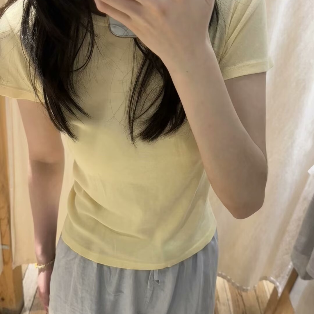 brandy bm今年流行女装正肩浅黄色t恤女夏季2025新款漂亮短袖上衣