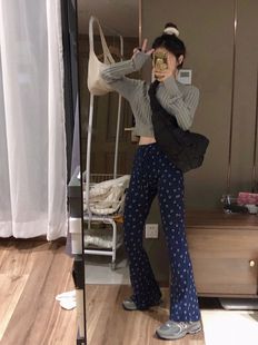 显瘦显腿长 运动休闲裤 BM风美式 辣妹高腰小众设计感蓝色笑脸喇叭裤