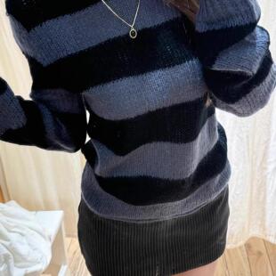 BrandyGirl新款卷边修身bm马海毛条纹针织毛衣女美式辣妹显瘦上衣