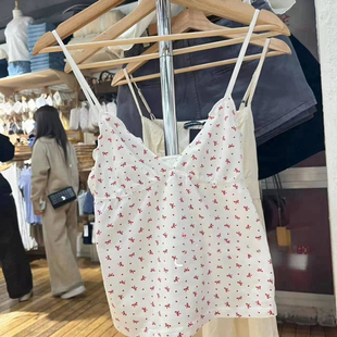 Brandy bm红色碎花V领木耳边吊带背心女bm打底短上衣外穿内搭少女