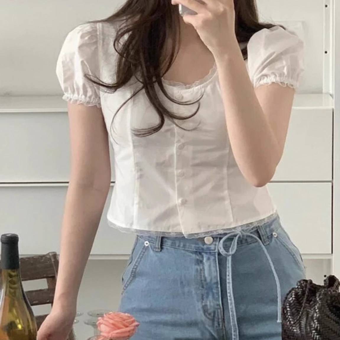 bm白色蕾丝花边泡泡袖短袖衬衫上衣衬衣女高级感轻奢减龄洋气