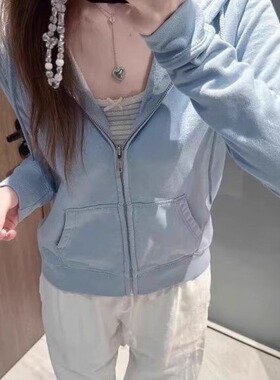 Brandy bm蓝色美式连帽拉链卫衣外套女春秋季收腰显瘦小个子韩版