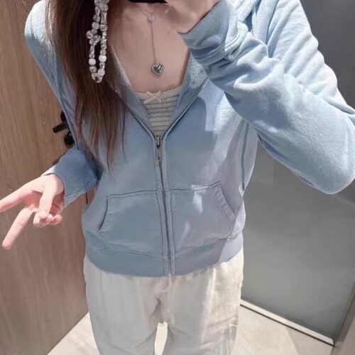 Brandy bm蓝色美式连帽拉链卫衣外套女春秋季收腰显瘦小个子韩版