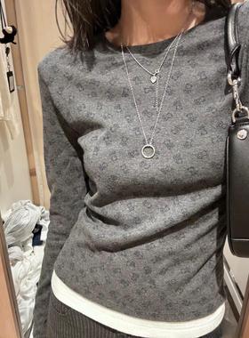 Brandy girl Bm 深灰色小熊印花圆领修身长袖T恤女秋冬纯棉打底衫