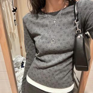 girl T恤女秋冬纯棉打底衫 长袖 深灰色小熊印花圆领修身 Brandy