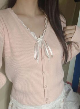 Brandy Girl官网新款螺纹纯色bm v领粉色针织开衫上衣毛衣外套女