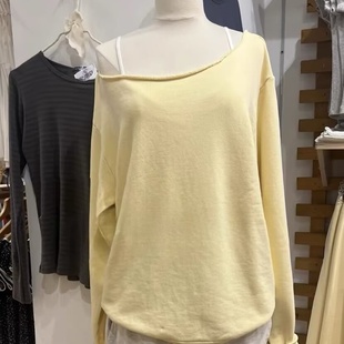 新款 复古浅黄色一字肩卫衣女夏季 上衣 bm纯棉超显白美式 Brandy