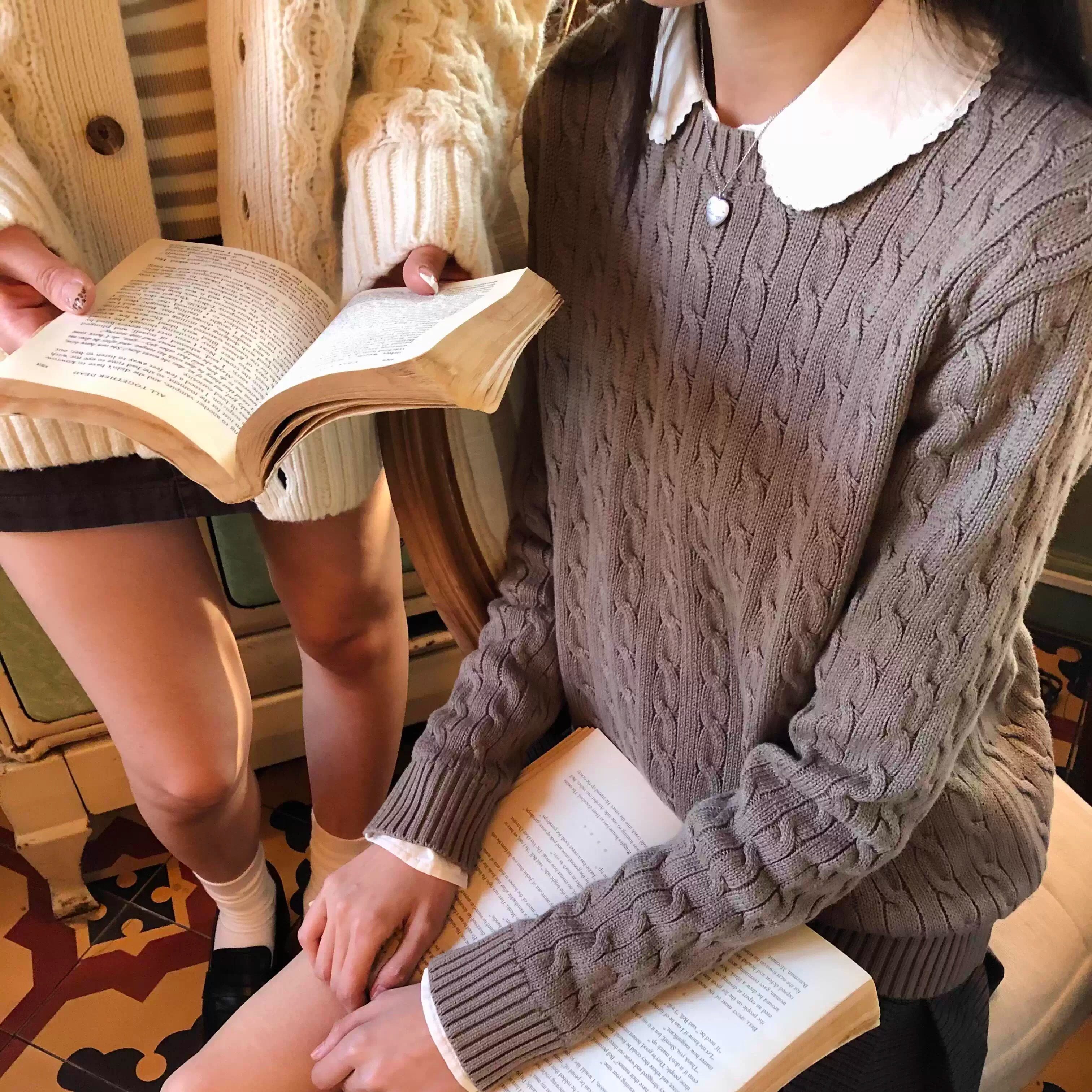 Brandy bm复古学院风圆领麻花纹针织衫女灰色假两件毛衣慵懒上衣,女装/女士精品,毛针织衫,淘宝优惠券,粉丝福利购,淘宝优惠卷