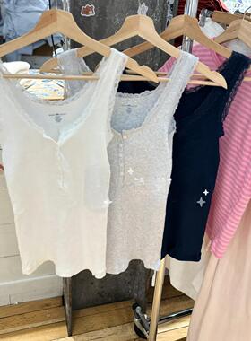 Brandy bm少女多纽扣蕾丝螺纹背心吊带女白色粉色条纹纯棉上衣女