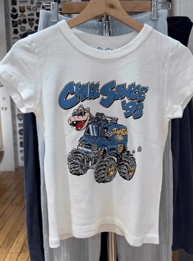 Brandy新款蓝色恐龙摩托车印花圆领纯棉短袖T恤女打底衫bm上衣