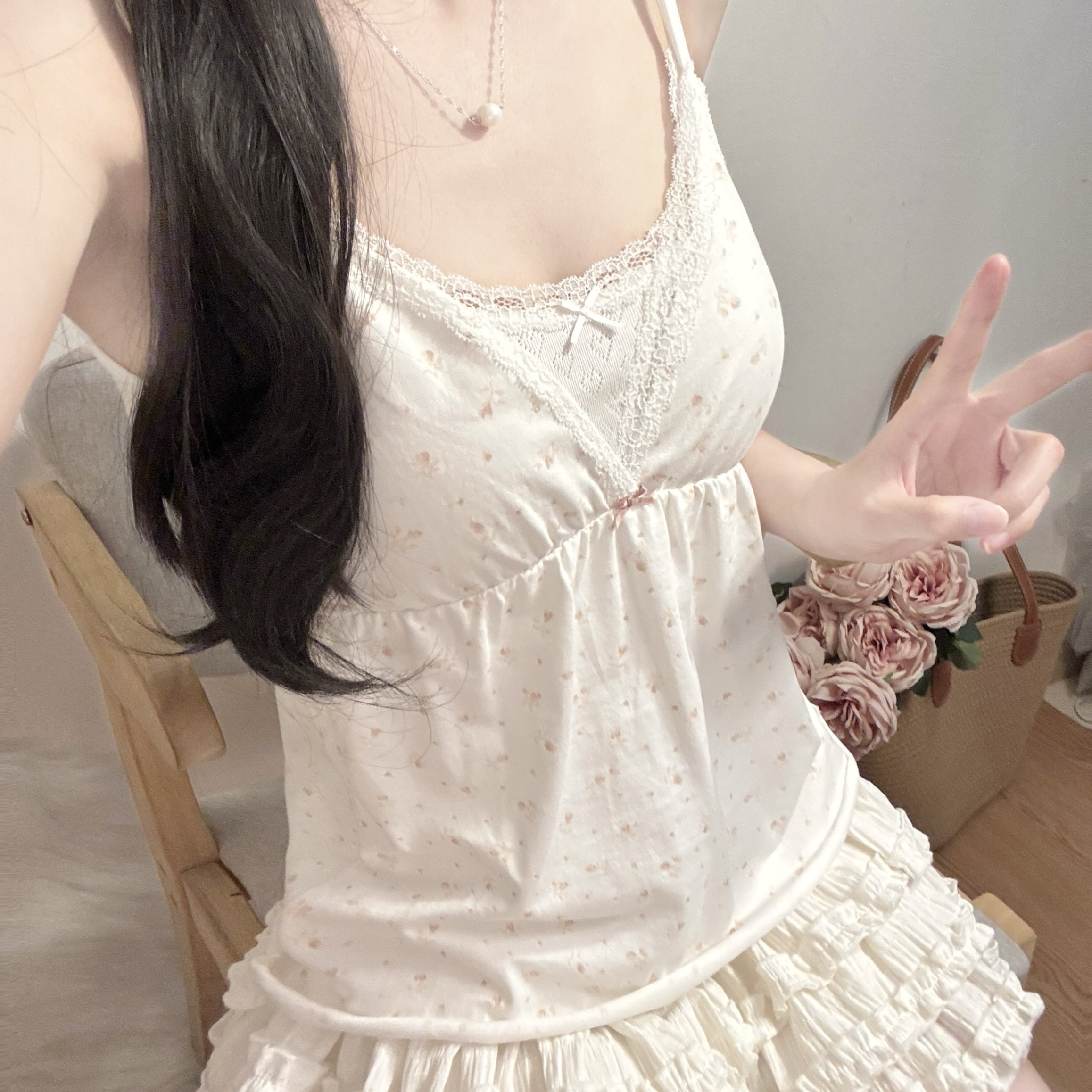 Brandy bm碎花V领吊带背心女bm纯棉蝴蝶结内搭外穿少女打底衫