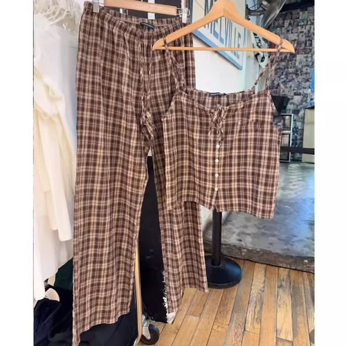 Brandy bm新款美式复古格子裤女宽松高腰显瘦百搭百搭休闲裤子