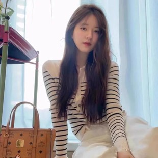 BrandyGirl赵露思白露同款Polo领条纹针织衫上衣bm打底开衫毛衣女