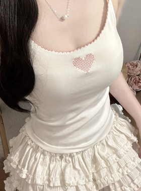 BM风白色花边领粉爱心刺绣打底bm小吊带内搭背心女辣妹外穿上衣