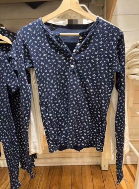 Brandy girl bm深蓝色碎花纽扣华夫格长袖T恤