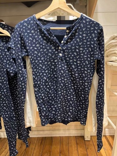 Brandy girl bm深蓝色碎花纽扣华夫格长袖T恤