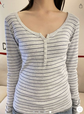 Brandy bm美式复古灰白条纹六粒扣长袖T恤bm百搭修身显瘦打底衫女