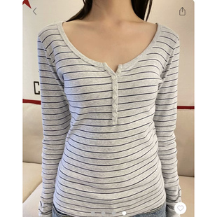 显瘦打底衫 Brandy T恤bm百搭修身 复古灰白条纹六粒扣长袖 女 bm美式