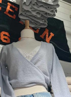 Brandy girl bm秋季V领针织开衫蓝色绑带韩系薄款设计感短款上衣
