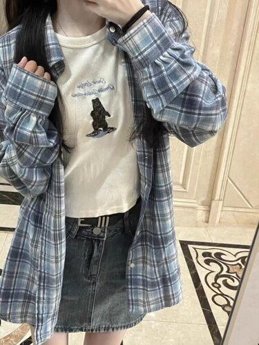 古着蓝色格子衬衫宽松外套
