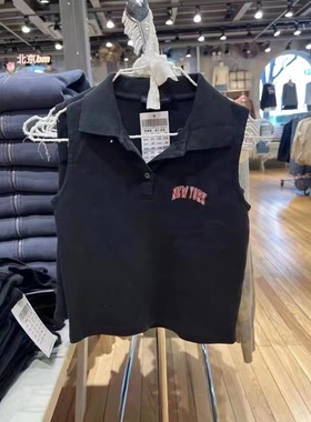 Brandy GirlBM 黑色polo领字母NEWYOR刺绣无心背心纯棉T恤女