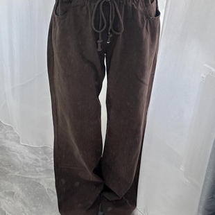 女宽松直筒阔腿裤 复古棕色松紧腰抽绳灯芯绒休闲裤 bm美式 Brandy