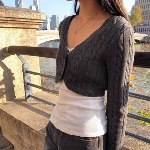 上衣女百搭露腰毛衣外套春秋 复古麻花超短针织开衫 Brandy bm美式