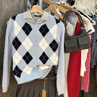 Brandy bm 纯棉学院风蓝色菱格针织开衫女复古纽扣毛衣外套女上衣