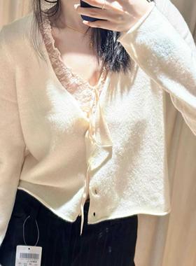 BM秋季白色纽扣针织开衫外套2024新款春秋外穿上衣女芭蕾毛衣显瘦