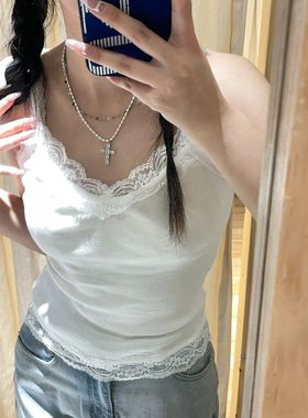 Brandy夏新款复古纯棉白色bm蕾丝边背心吊带打底短上衣外穿