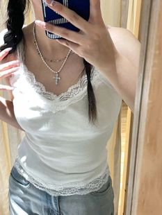 Brandy夏新款 复古纯棉白色bm蕾丝边背心吊带打底短上衣外穿