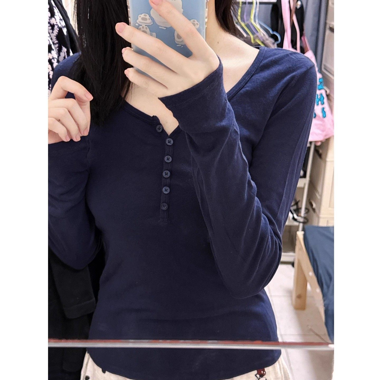 Brandy BM美式纽扣长袖T恤女修身显瘦打底衫藏青色上衣秋冬打底