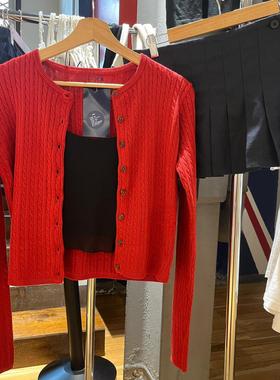 Brandy girl bm复古红色麻花针织开衫外套女毛衣外搭装早秋慵懒风