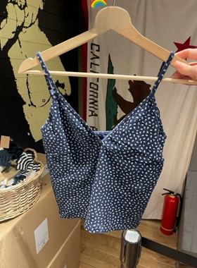 Brandy girl bm美式复古藏青碎花纯棉V领吊带背心内搭辣妹短上衣