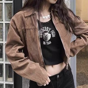 复古棕色灯芯绒夹克bm高腰短裤 美式 拉链外套女 girl新款 brandy