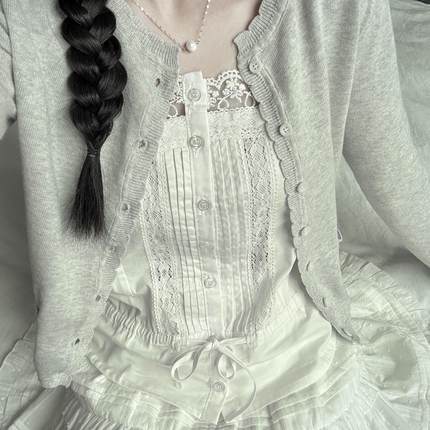 现货Brandy girl bm灰色花瓣薄款针织开衫女早秋韩系温柔甜美上衣