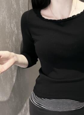 Brandy bm极简风木耳边长袖针织衫女黑色修身打底衫气质上衣
