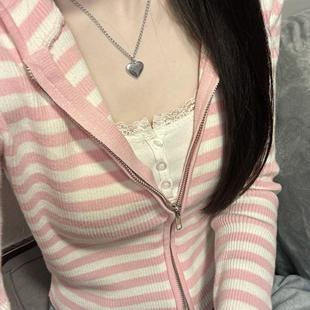 Brandy粉色条纹连帽双拉链bm风针织卫衣外套女秋冬2022新款 小个子